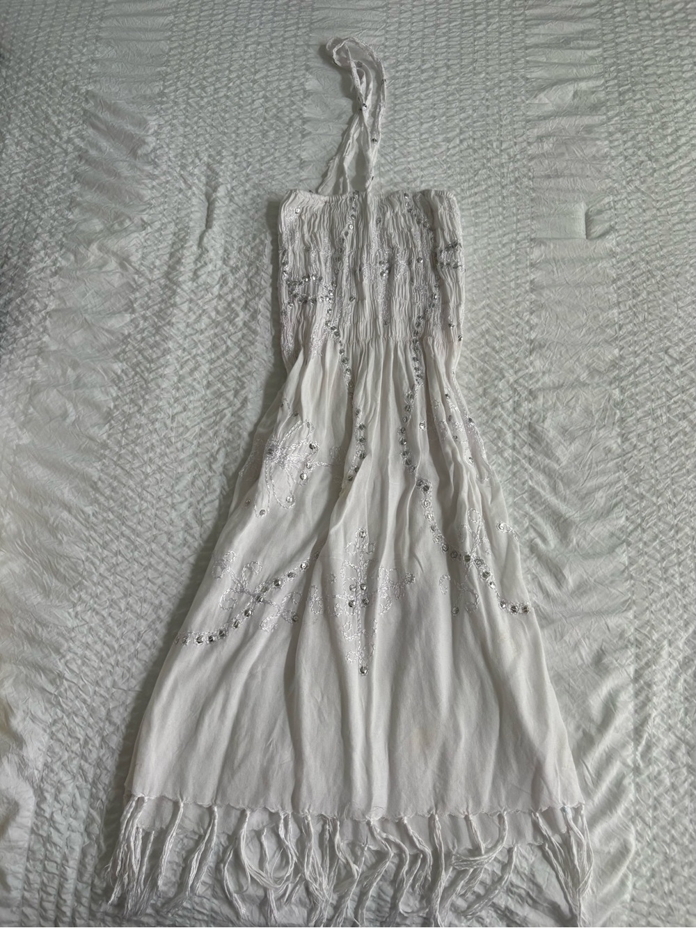 Y2K White Halter Dress with Sequin and Fringe Details - BIKINI COVER UP